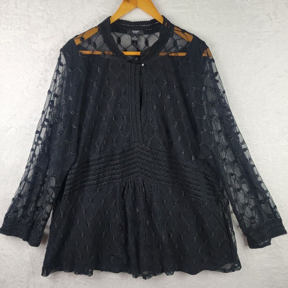 Alfani Blouse Size 3X Lined Sheer Lace Long Sleeve Button Keyhole Pullover Black